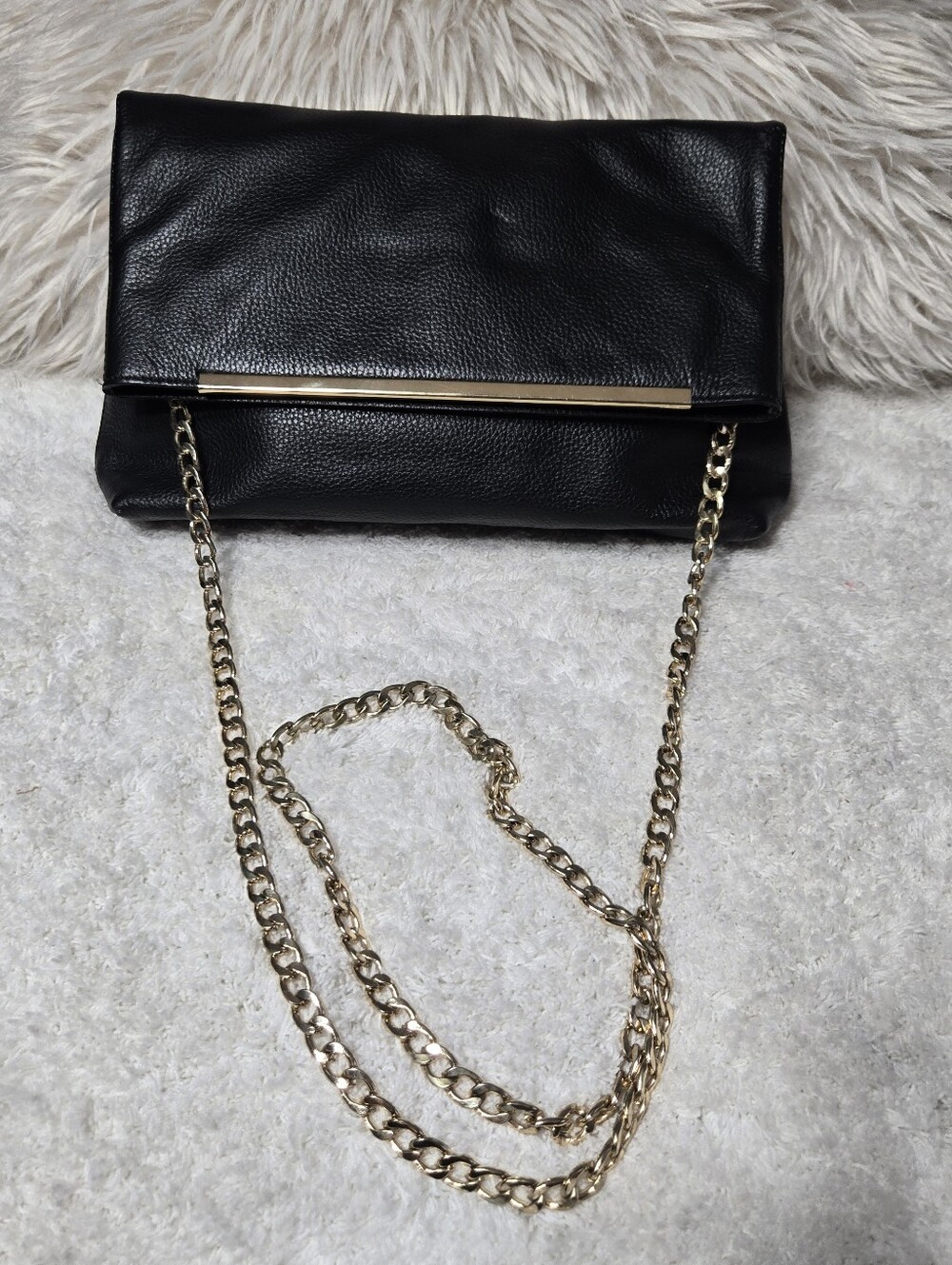 Halogen Black Pebbled Leather Crossbody Bag Clutch Gold Chain